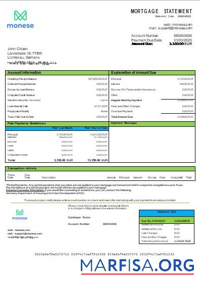 Printable Germany Monese bank mortgage statement scr real example